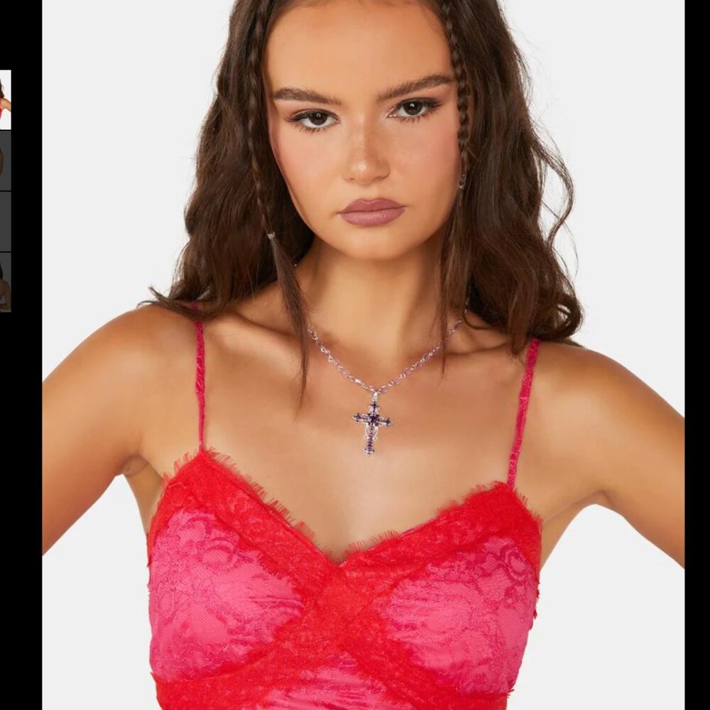 Pretty Garbage from Dolls Kills Pink & Red "Asymmetrical Hem Lace Cami", Size S